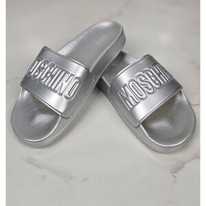 Moschino Women Silver Metallic Logo Slides Sandals Slip On Pool Beach Size EU 37
